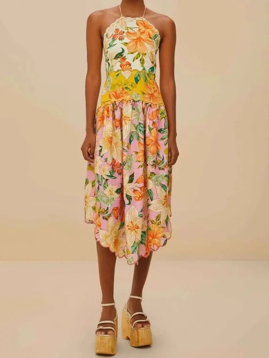 Farm Rio Guaragarden 100% Linen Halter Midi Dress Button Back Floral NWT Large - Picture 1 of 16